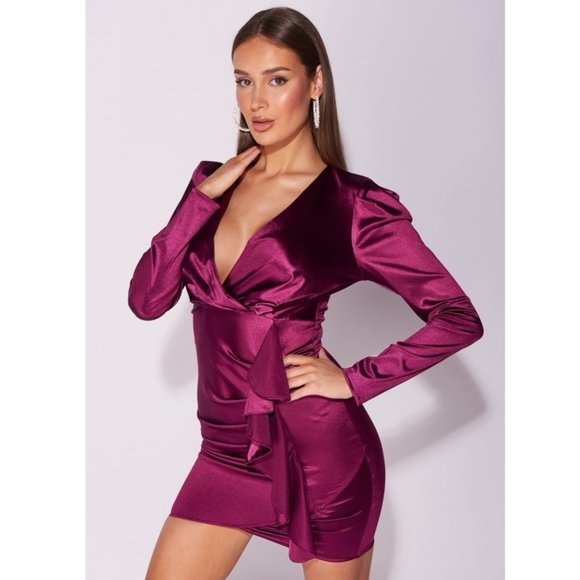 Purple Satin Silk Long Sleeve V-Neck Bodycon Mini Dress - Picture 8 of 12
